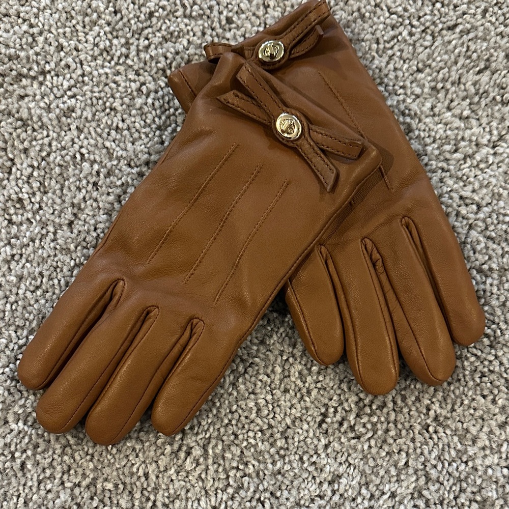 Coach Tan Leather Gloves with Gold Button Detail